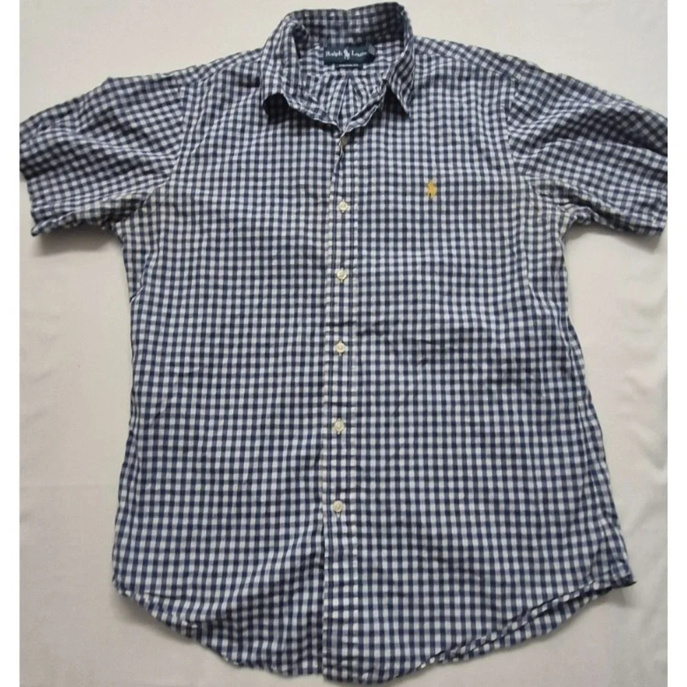 Ralph Lauren Men's‎ blue/white checker shirt Medium Button up Cotton yellow logo